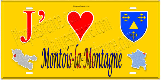Plaque métal décorative   J' ❤️Montois-la-Montagne (57), mur jaune carte
