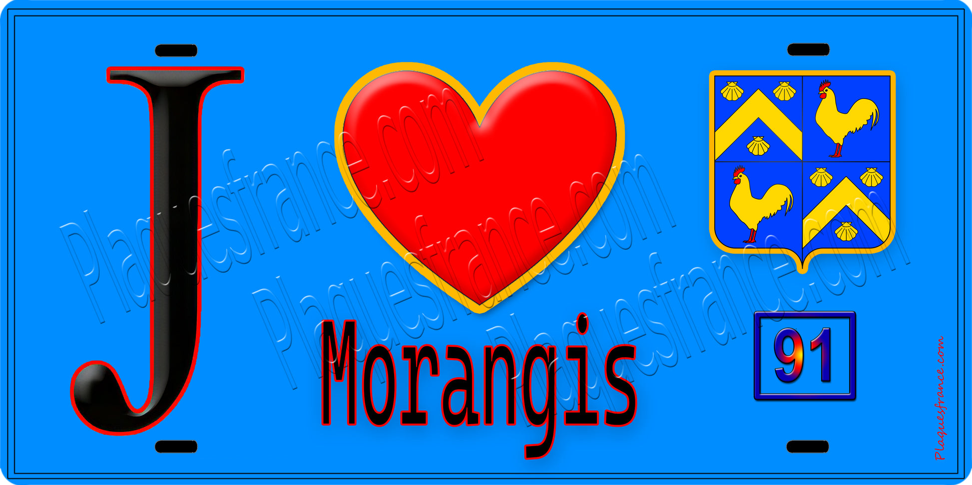 Plaque métal décorative  J' ❤️Morangis, Essonne (91) fond bleu