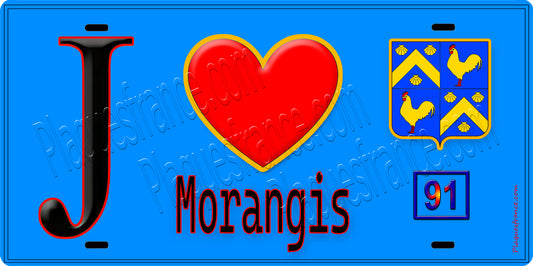 Plaque métal décorative  J' ❤️Morangis, Essonne (91) fond bleu