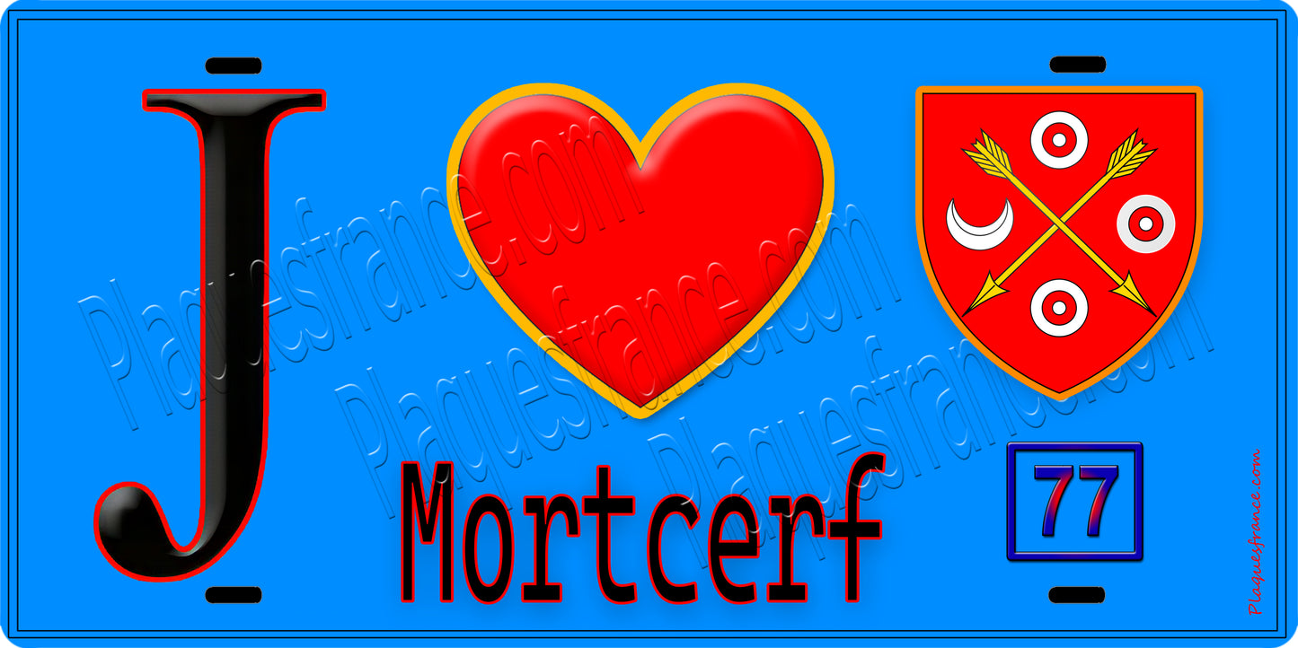 Plaque métal décorative  J' ❤️Mortcerf, Seine et Marne (77) fond bleu