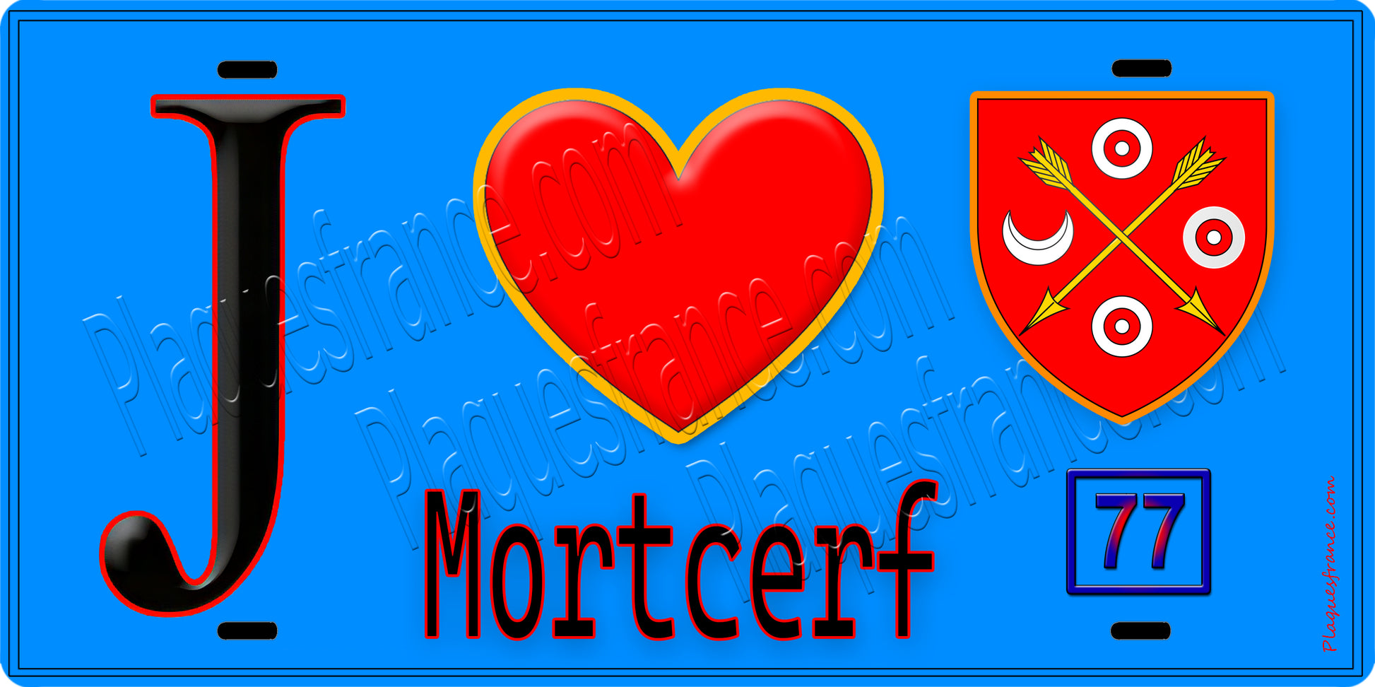 Plaque métal décorative  J' ❤️Mortcerf, Seine et Marne (77) fond bleu