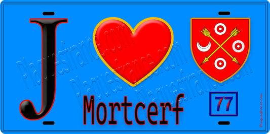 Plaque métal décorative  J' ❤️Mortcerf, Seine et Marne (77) fond bleu