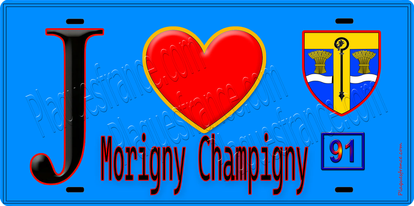 Plaque métal décorative  J' ❤️Morigny-Champigny, Essonne (91) fond bleu