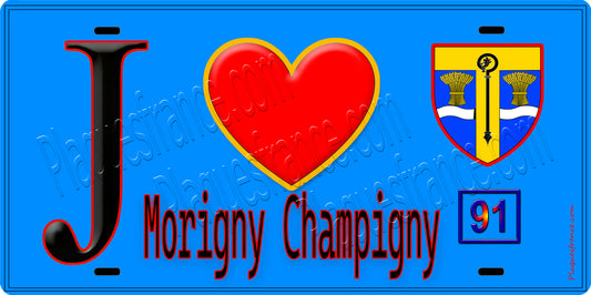 Plaque métal décorative  J' ❤️Morigny-Champigny, Essonne (91) fond bleu