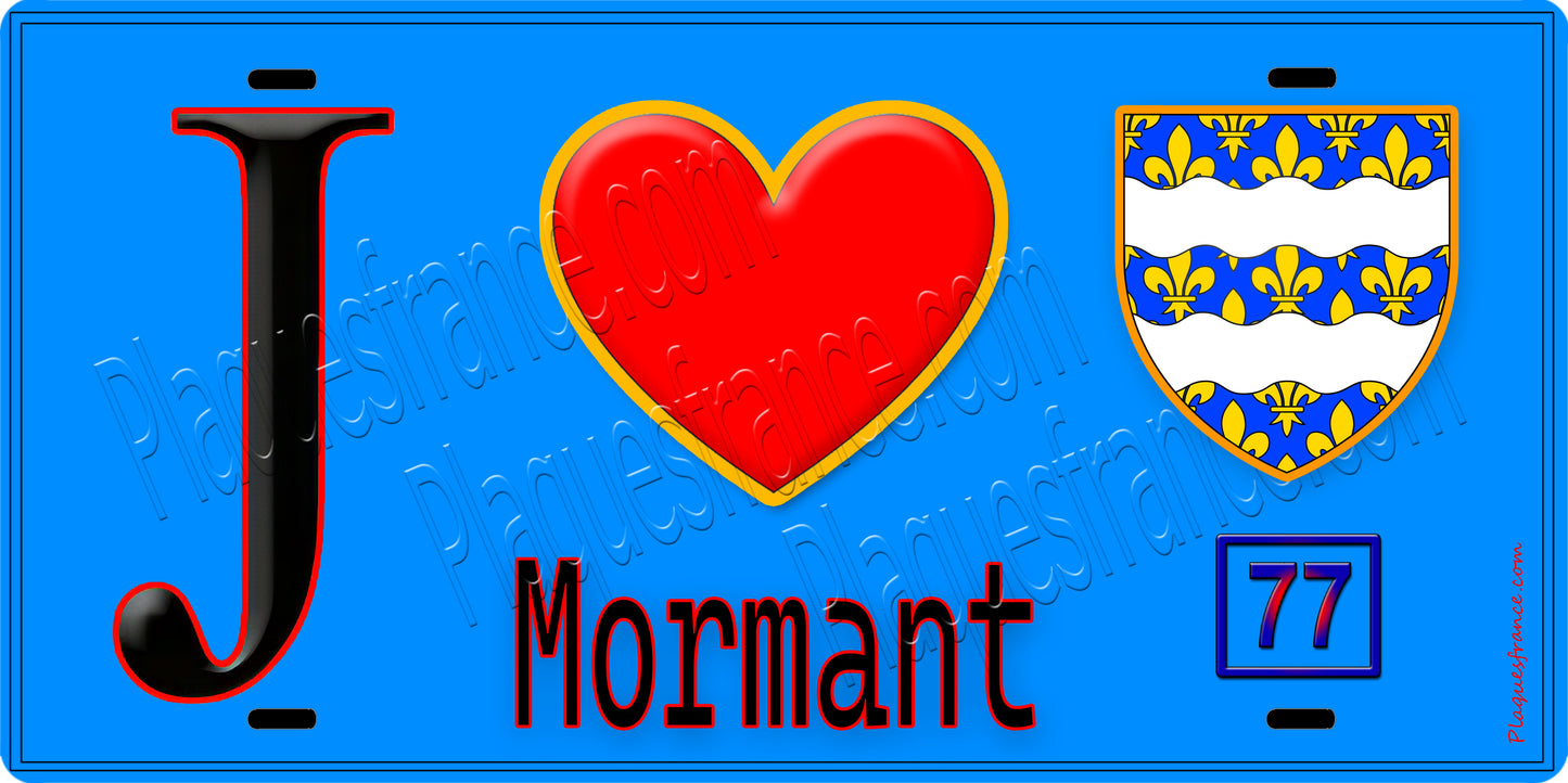 Plaque métal décorative  J' ❤️Mormant, Seine et Marne (77) fond bleu