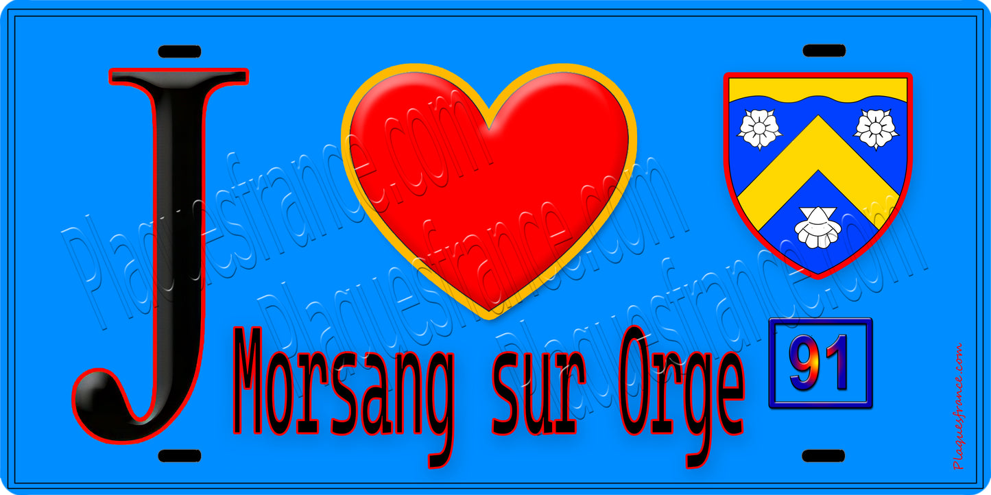 Plaque métal décorative  J' ❤️Morsang-sur-Orge, Essonne (91) fond bleu