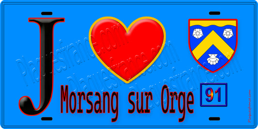 Plaque métal décorative  J' ❤️Morsang-sur-Orge, Essonne (91) fond bleu