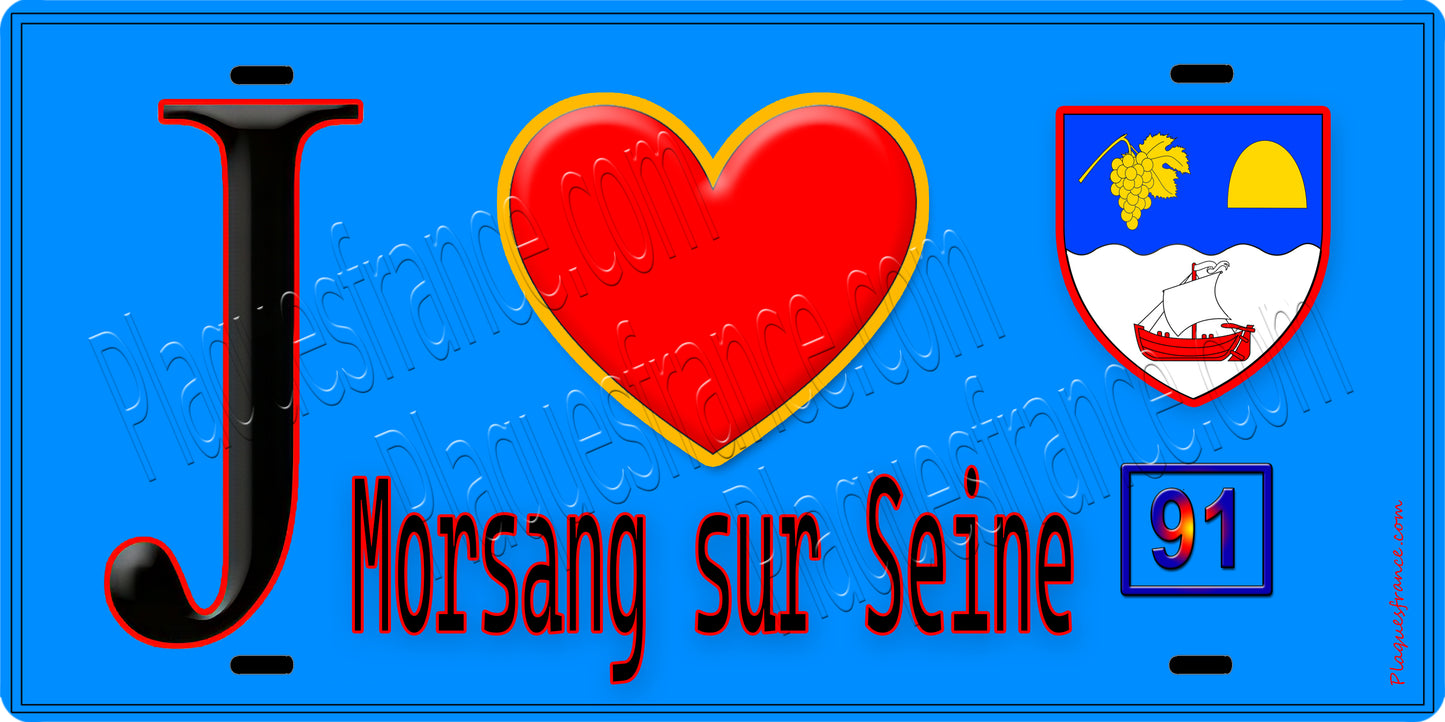 Plaque métal décorative  J' ❤️Morsang-sur-Seine, Essonne (91) fond bleu