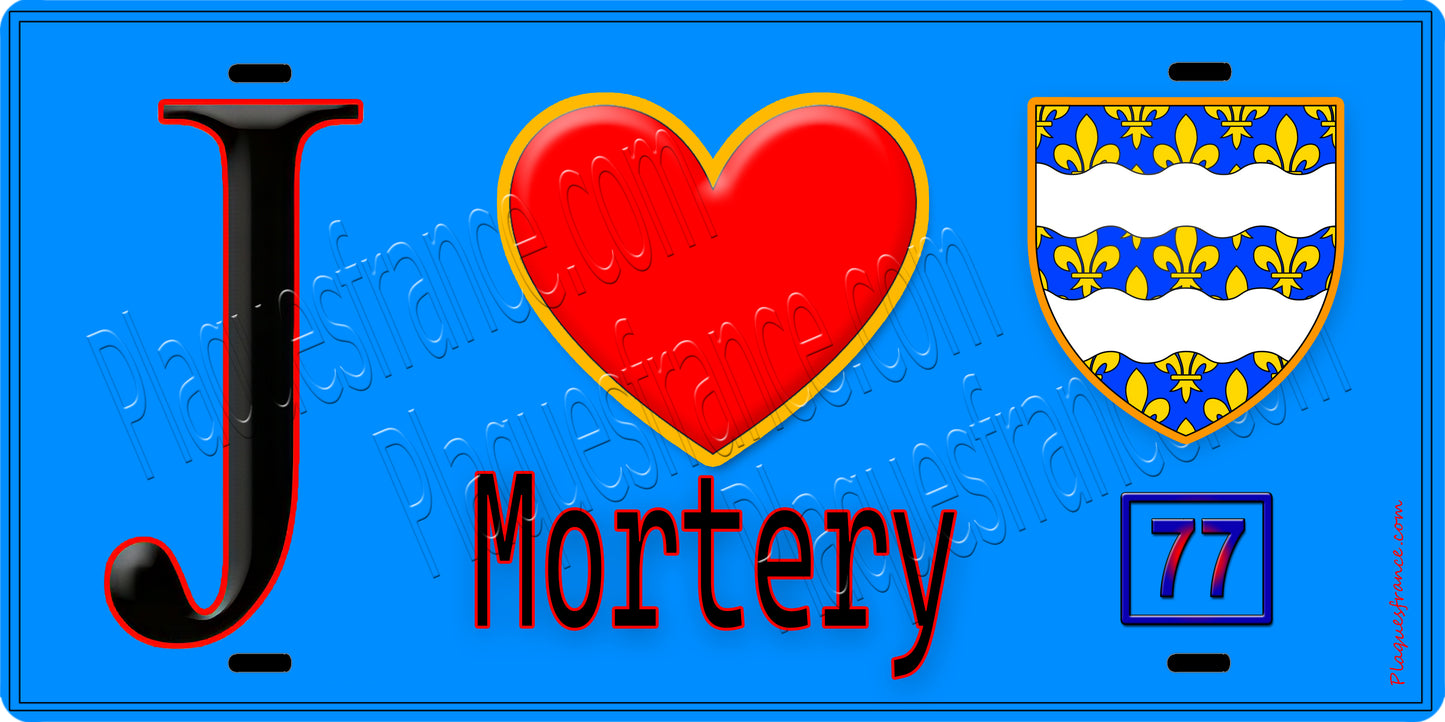 Plaque métal décorative  J' ❤️Mortery, Seine et Marne (77) fond bleu