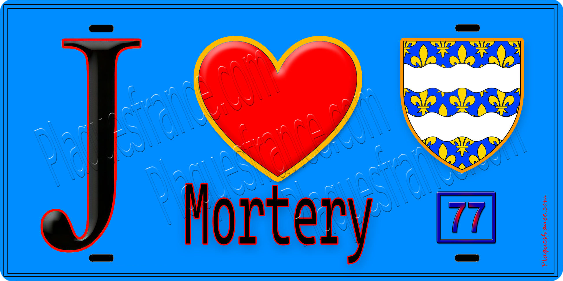 Plaque métal décorative  J' ❤️Mortery, Seine et Marne (77) fond bleu