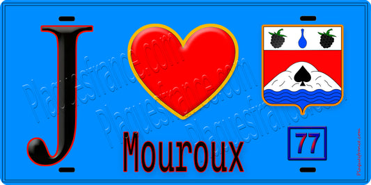 Plaque métal décorative  J' ❤️Mouroux, Seine et Marne (77) fond bleu