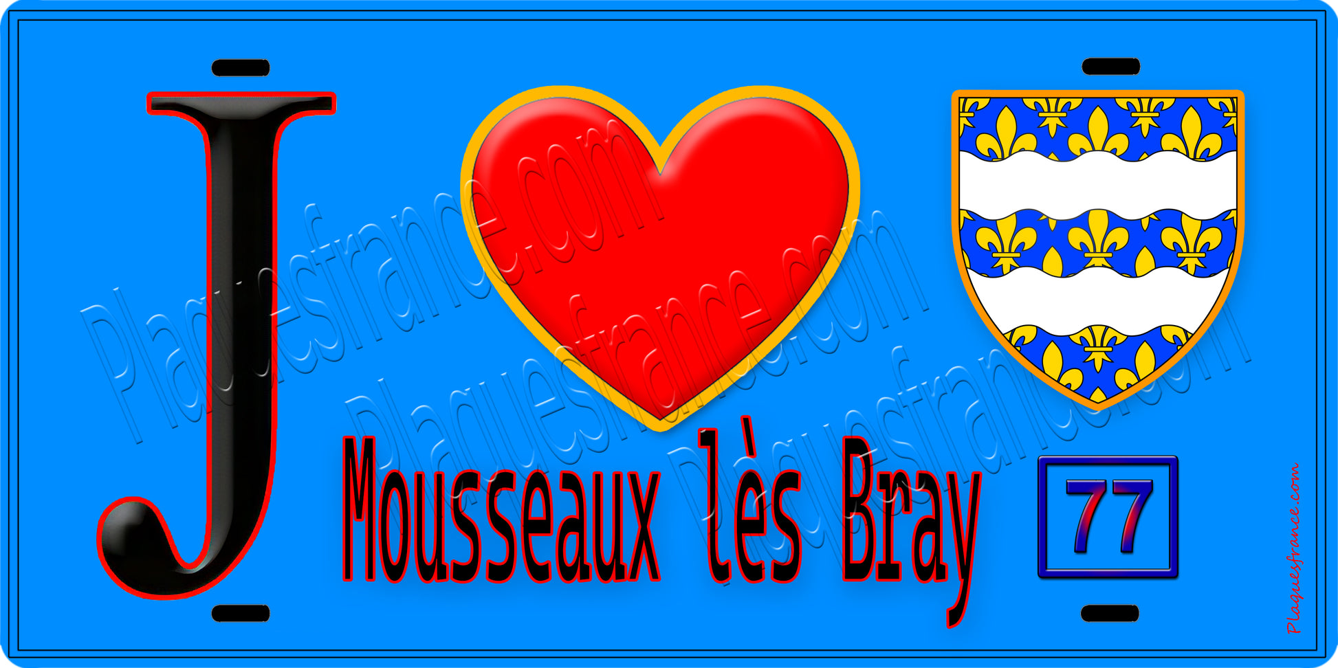 Plaque métal décorative  J' ❤️Mousseaux-lès-Bray, Seine et Marne (77) fond bleu
