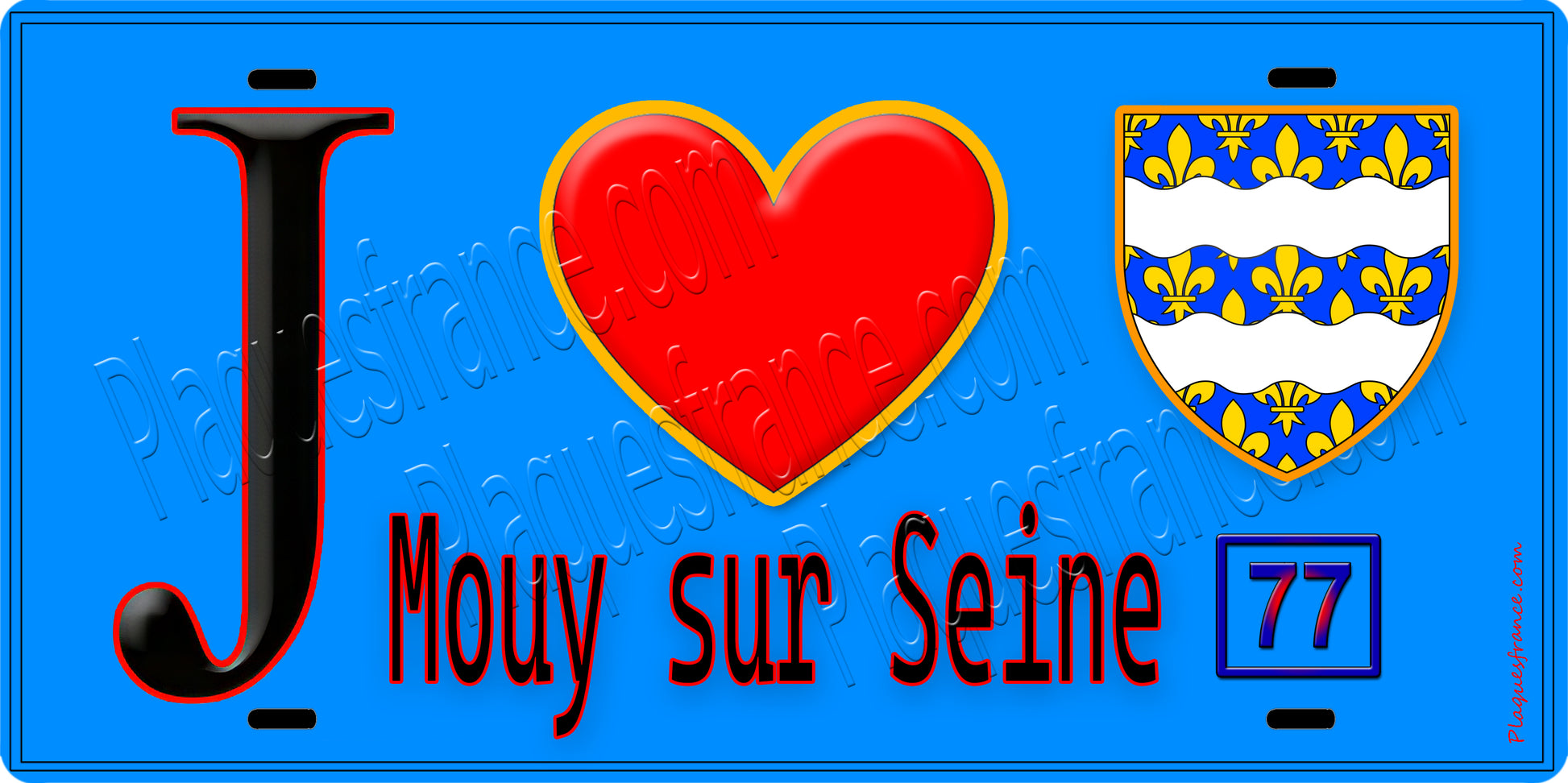 Plaque métal décorative  J' ❤️Mouy-sur-Seine, Seine et Marne (77) fond bleu