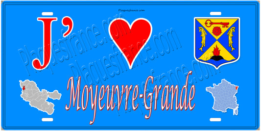 Plaque métal décorative 15 x 30 cm fond mur bleu carte J' ❤️ Moyeuvre-Grande, canton Hayange Moselle 57