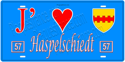Plaque métal décorative, J'❤️ Haspelschiedt, Moselle, fond mur bleu 57