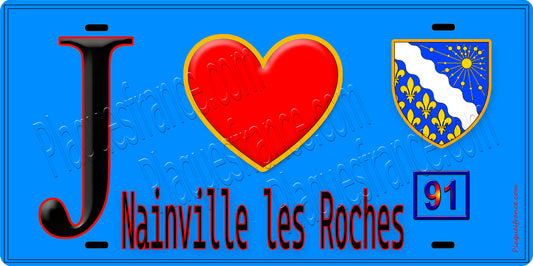 Plaque métal décorative  J' ❤️Nainville-les-Roches, Essonne (91) fond bleu