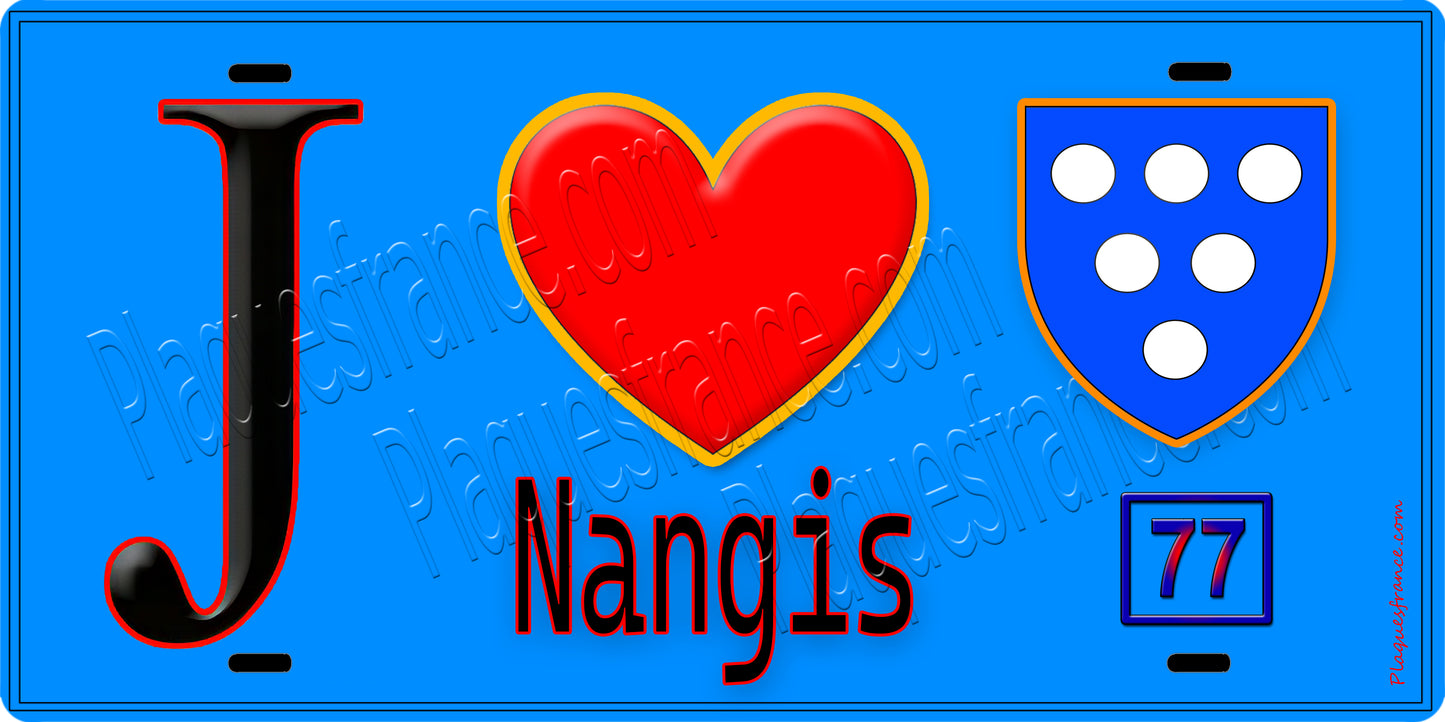 Plaque métal décorative  J' ❤️Nangis, Seine et Marne (77) fond bleu
