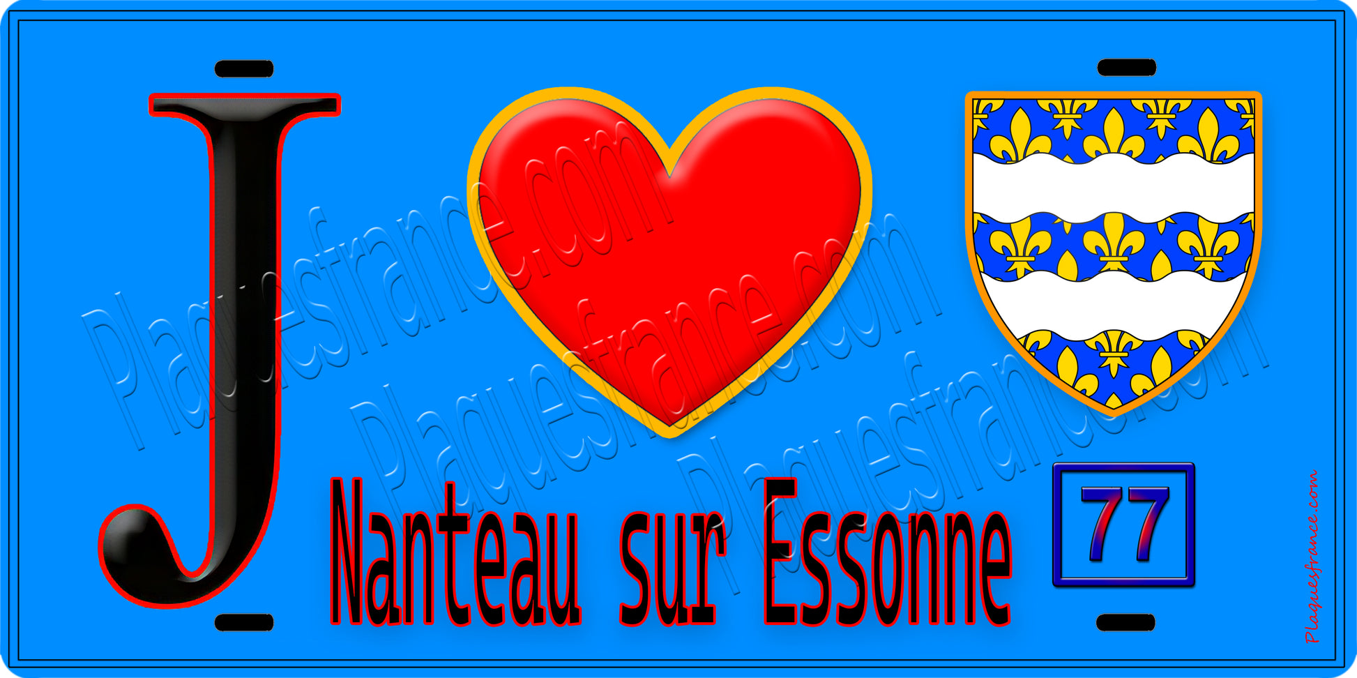 Plaque métal décorative  J' ❤️Nanteau-sur-Essonne, Seine et Marne (77) fond bleu