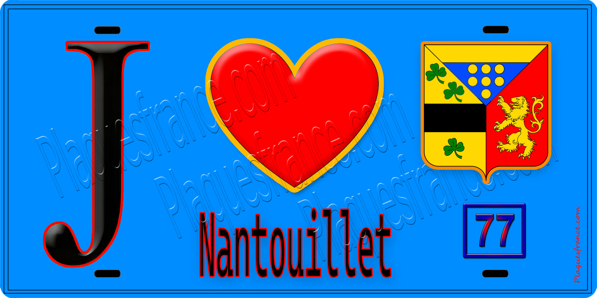 Plaque métal décorative  J' ❤️Nantouillet, Seine et Marne (77) fond bleu