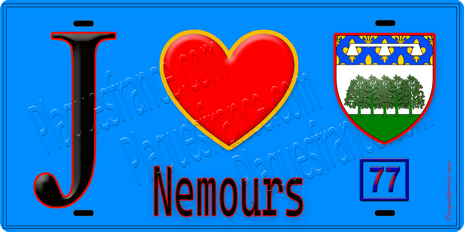 Plaque métal décorative  J' ❤️Nemours, Seine et Marne (77) fond bleu