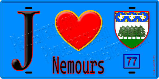 Plaque métal décorative  J' ❤️Nemours, Seine et Marne (77) fond bleu