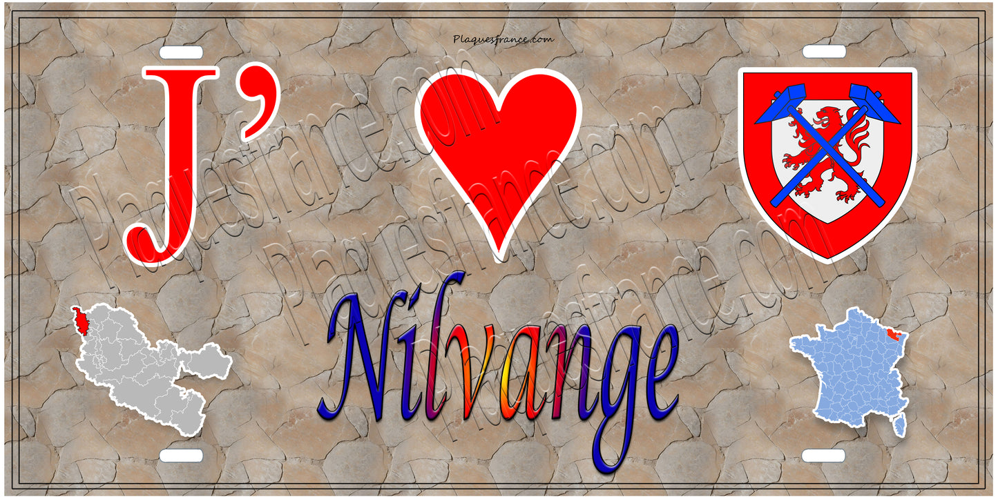 Plaque métal décorative 15 x 30 cm fond  mur antique carte J' ❤️Nilvange, canton Algrange 57