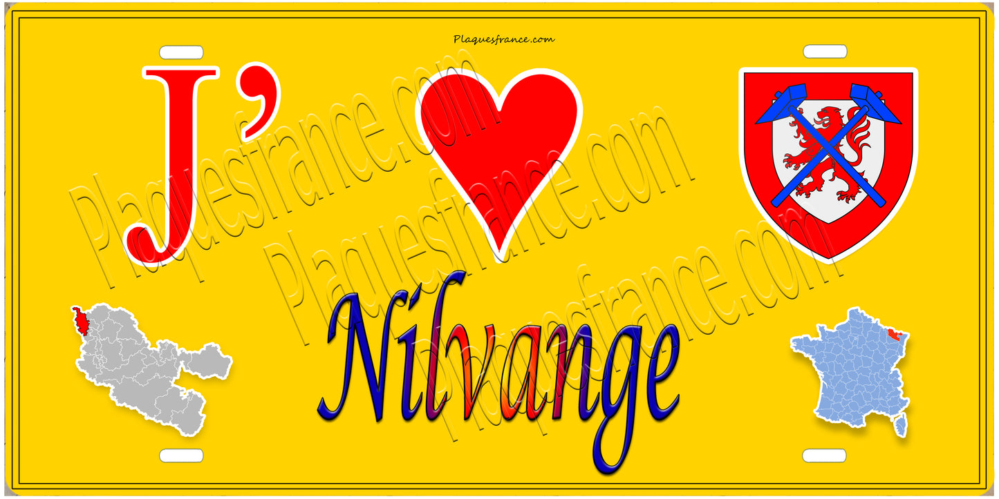 Plaque métal décorative 15 x 30 cm fond  mur jaune carte J' ❤️Nilvange, canton Algrange 57