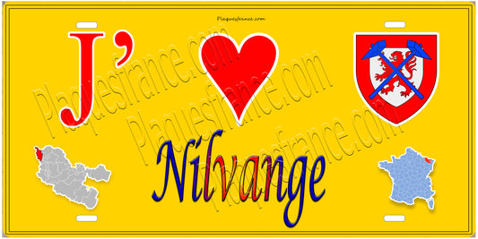 Plaque métal décorative 15 x 30 cm fond  mur jaune carte J' ❤️Nilvange, canton Algrange 57