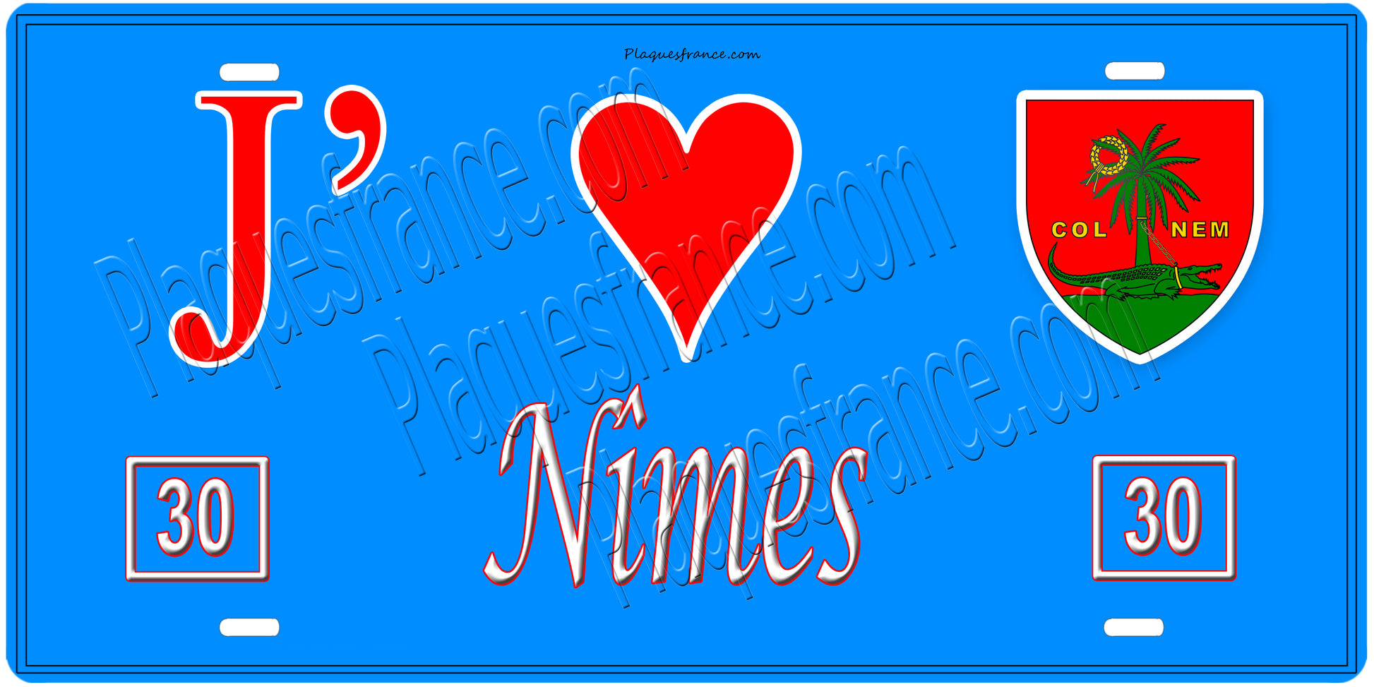 Plaque métal décorative, J' ❤️Nîmes, Gard fond  mur bleu 30