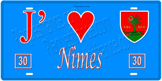 Plaque métal décorative, J' ❤️Nîmes, Gard fond  mur bleu 30