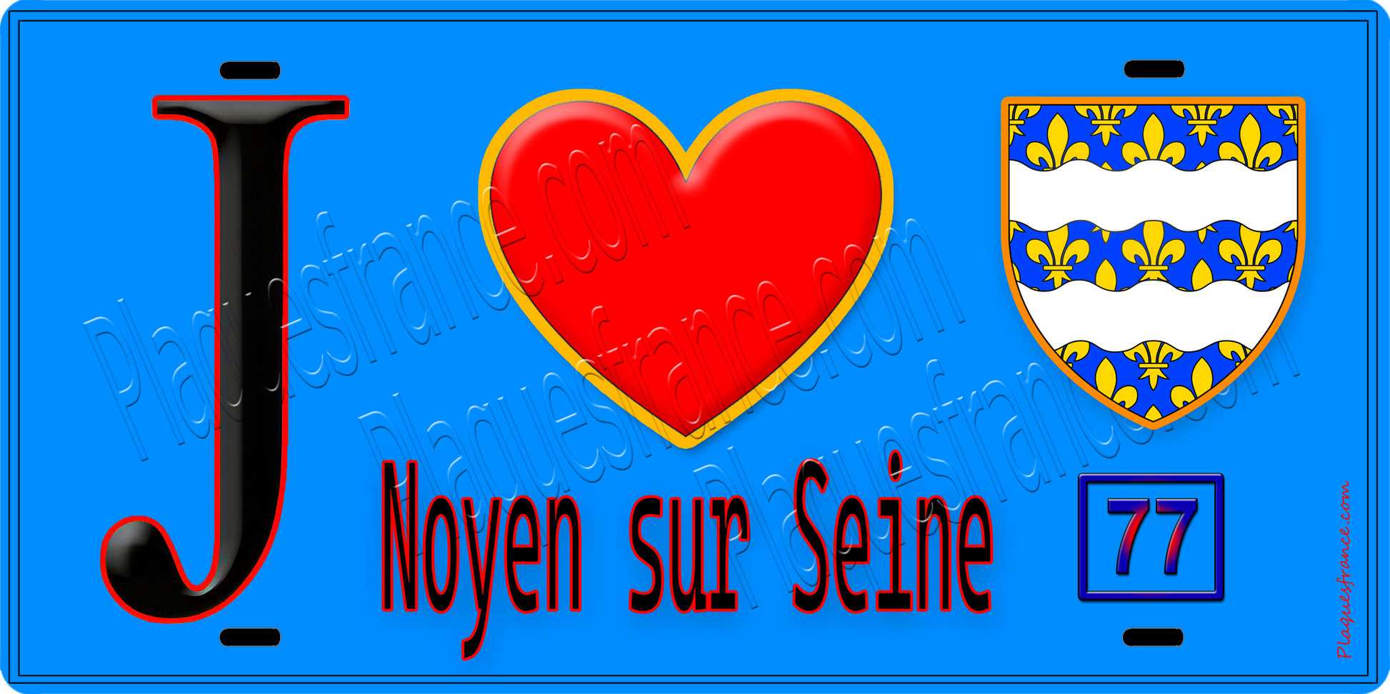 Plaque métal décorative  J' ❤️Noyen-sur-Seine, Seine et Marne (77) fond bleu