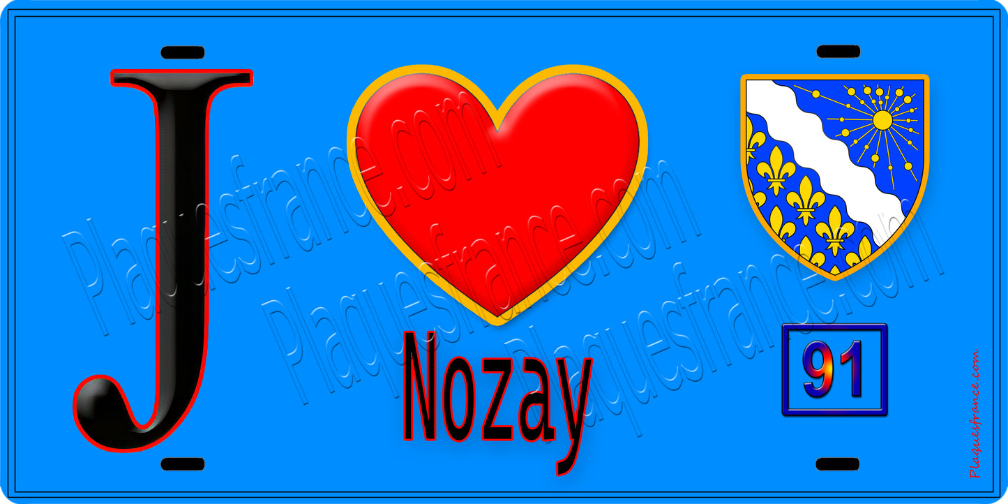 Plaque métal décorative  J' ❤️Nozay Essonne (91) fond bleu