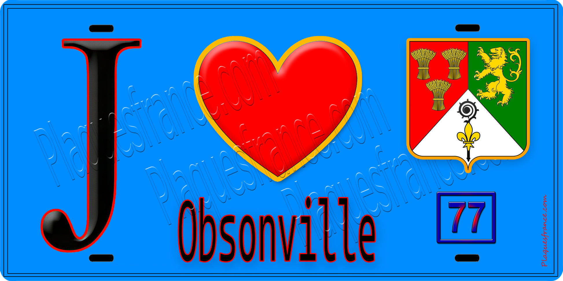 Plaque métal décorative  J' ❤️Obsonville, Seine et Marne (77) fond bleu