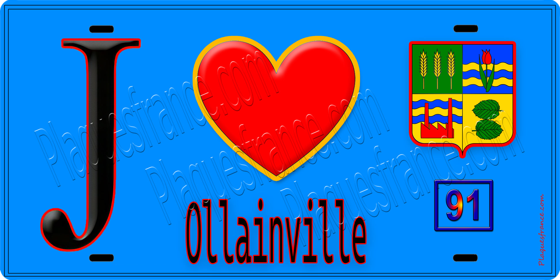 Plaque métal décorative  J' ❤️Ollainville Essonne (91) fond bleu