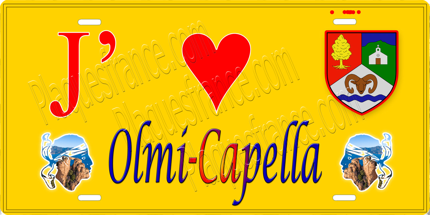 Plaque métal décorative 15 x 30 cm jaune J' ❤️ Olmi Cappella  Canton de l'Île-Rousse Haute-Corse