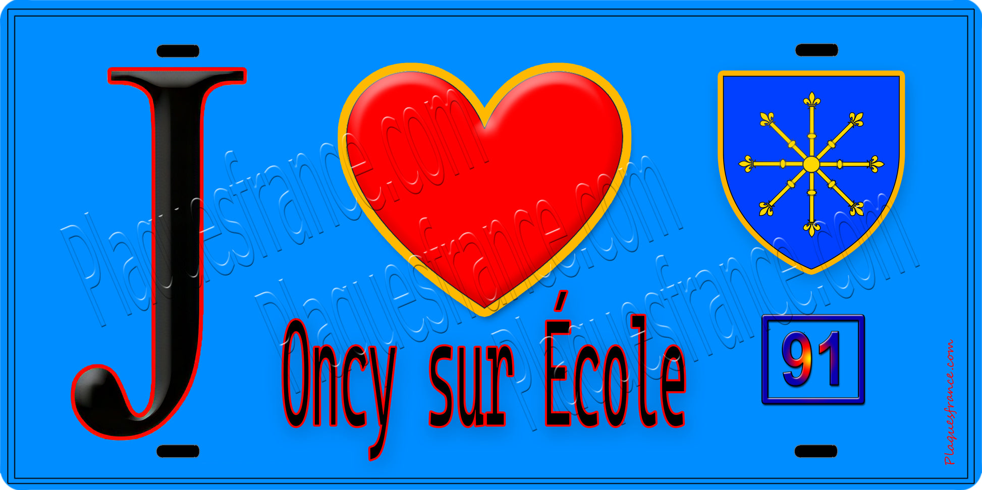 Plaque métal décorative  J' ❤️Oncy-sur-École, Essonne (91) fond bleu