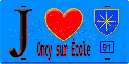 Plaque métal décorative  J' ❤️Oncy-sur-École, Essonne (91) fond bleu
