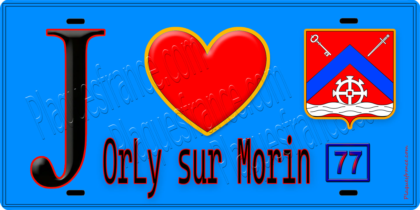 Plaque métal décorative  J' ❤️Orly-sur-Morin, Seine et Marne (77) fond bleu