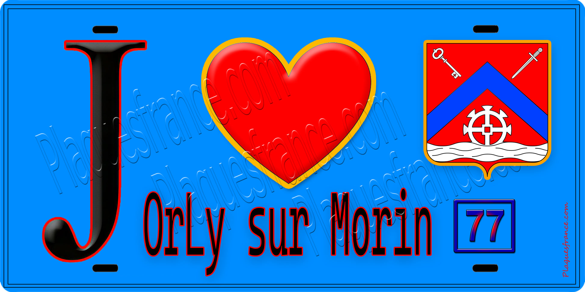 Plaque métal décorative  J' ❤️Orly-sur-Morin, Seine et Marne (77) fond bleu