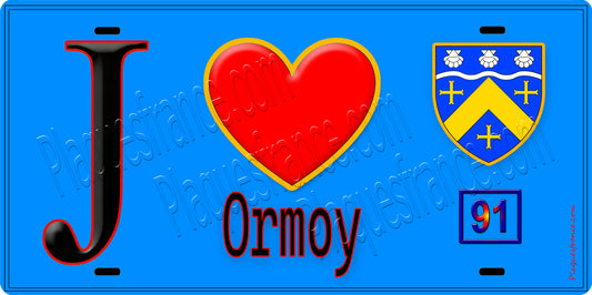 Plaque métal décorative  J' ❤️Ormoy, Essonne (91) fond bleu
