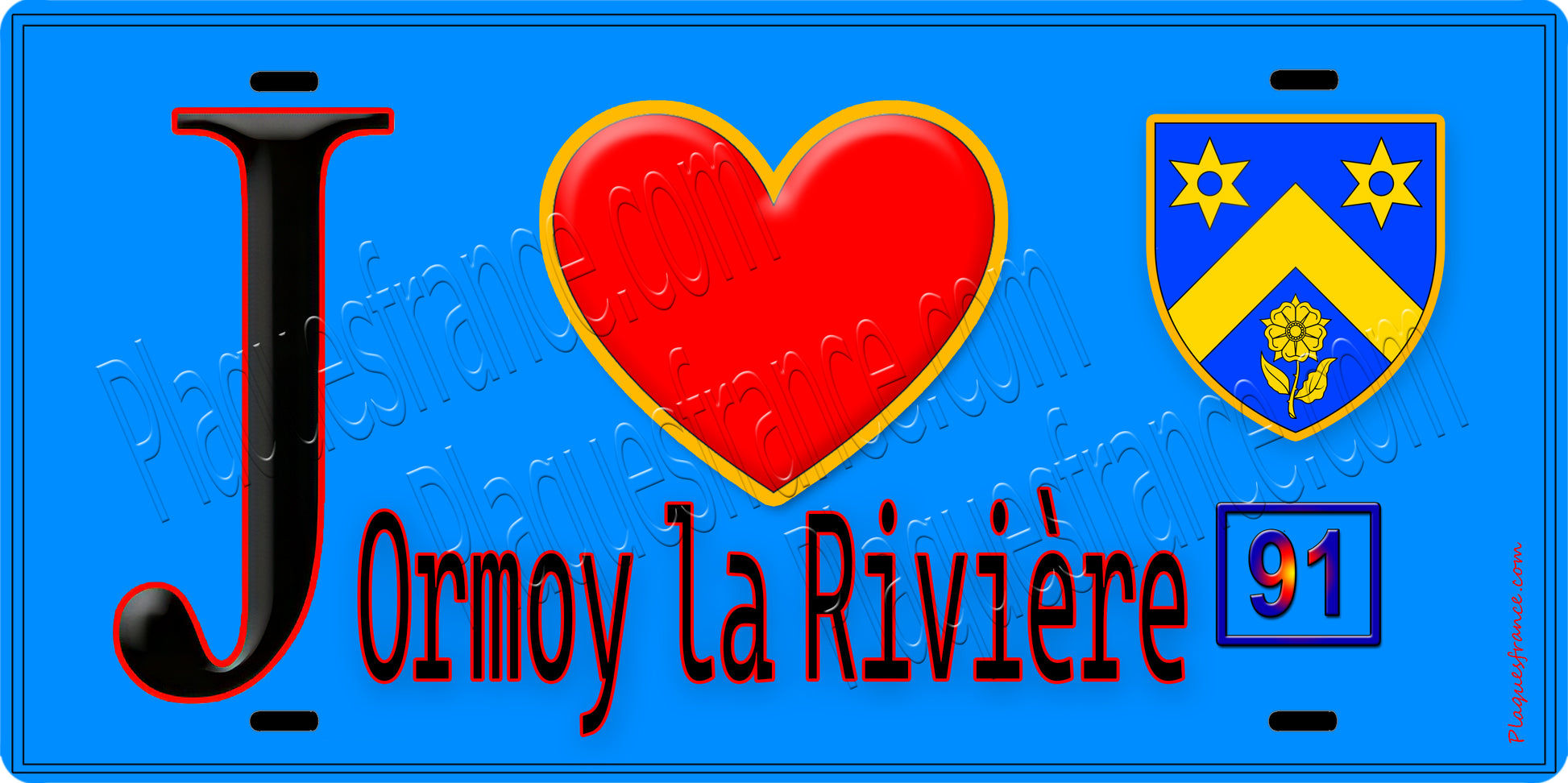 Plaque métal décorative  J' ❤️Ormoy-la-Rivière, Essonne (91) fond bleu