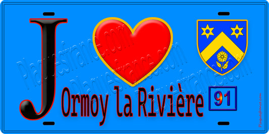 Plaque métal décorative  J' ❤️Ormoy-la-Rivière, Essonne (91) fond bleu