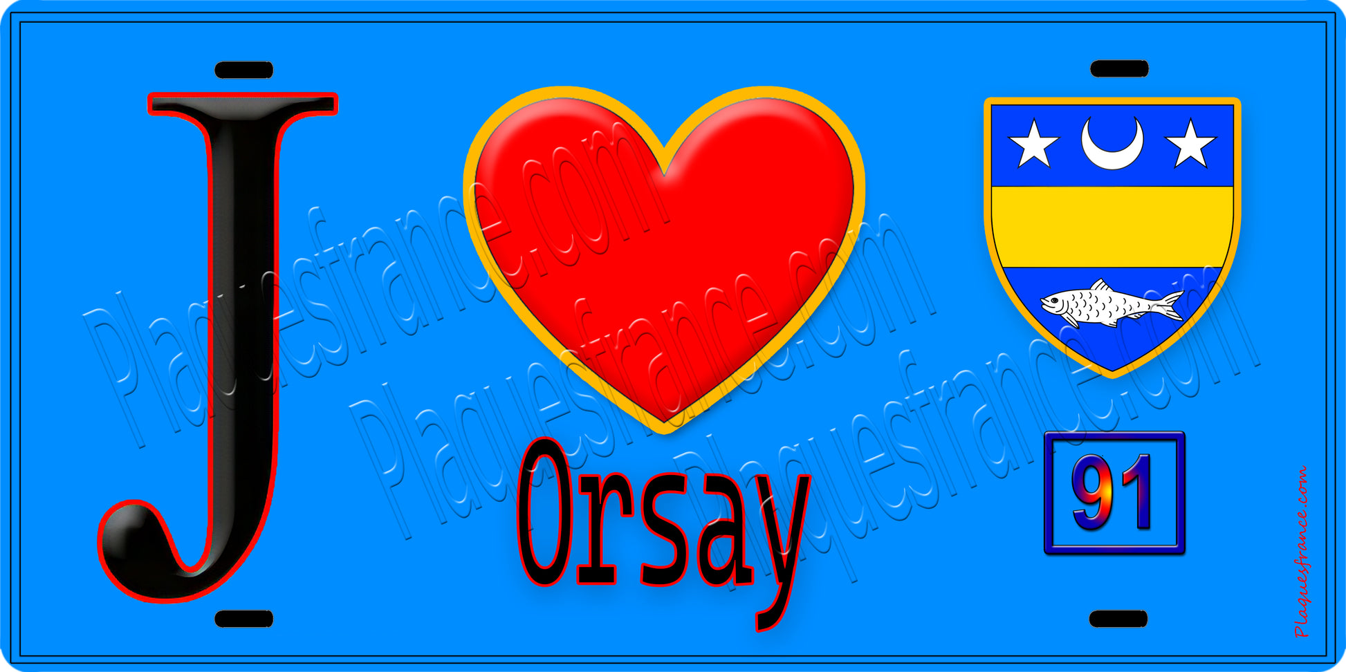 Plaque métal décorative  J' ❤️Orsay, Essonne (91) fond bleu