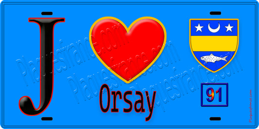 Plaque métal décorative  J' ❤️Orsay, Essonne (91) fond bleu