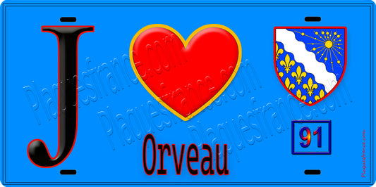 Plaque métal décorative  J' ❤️Orveau, Essonne (91) fond bleu