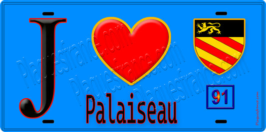 Plaque métal décorative  J' ❤️Palaiseau, Essonne (91). fond bleu
