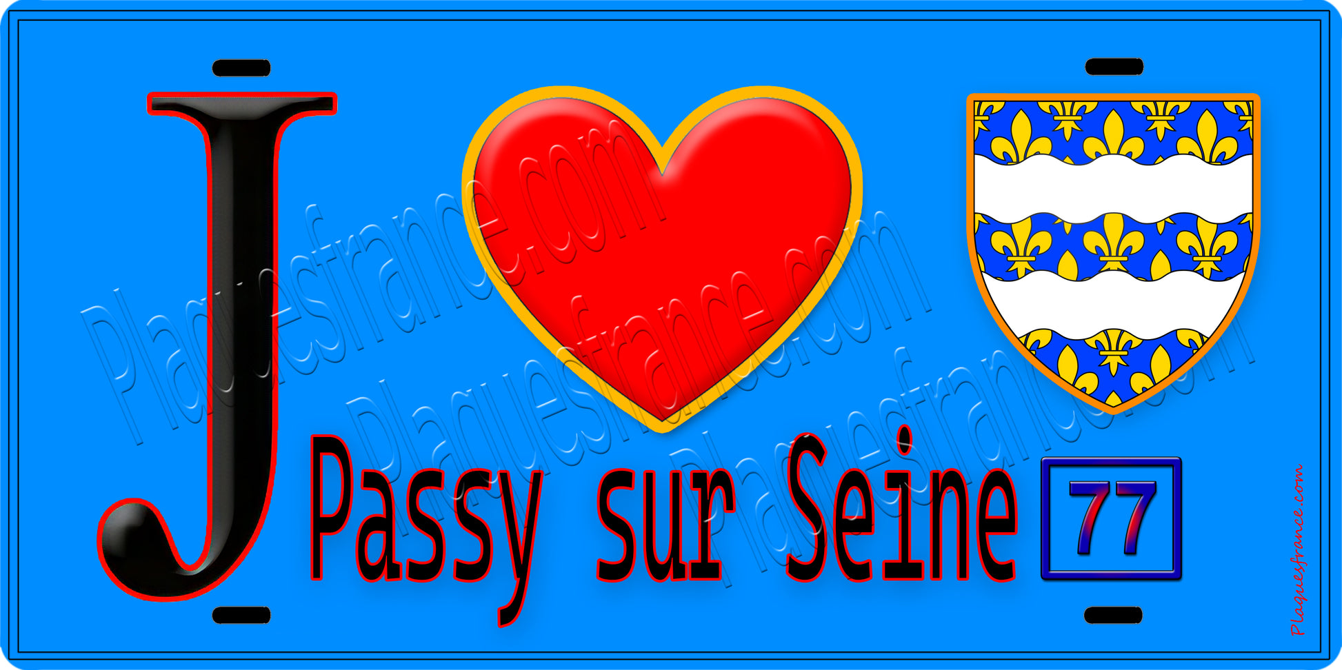 Plaque métal décorative  J' ❤️Passy-sur-Seine, Seine et Marne (77) fond bleu