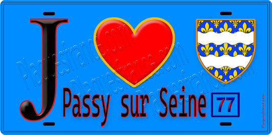 Plaque métal décorative  J' ❤️Passy-sur-Seine, Seine et Marne (77) fond bleu