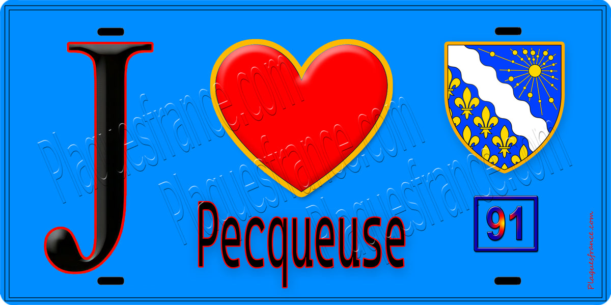 Plaque métal décorative  J' ❤️Pecqueuse, Essonne (91) fond bleu