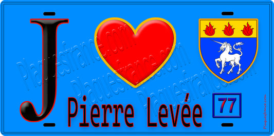 Plaque métal décorative  J' ❤️Pierre-Levée, Seine et Marne (77) fond bleu